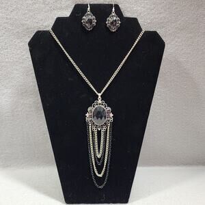 Clair's Black Silver Gothic Victorian Inspired Pendant Necklace & Earring Set